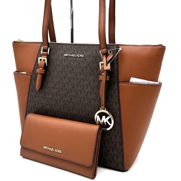 Michael Kors Large Charlotte Tote Bag & Trifold Wallet Brown - Picture 1 of 14